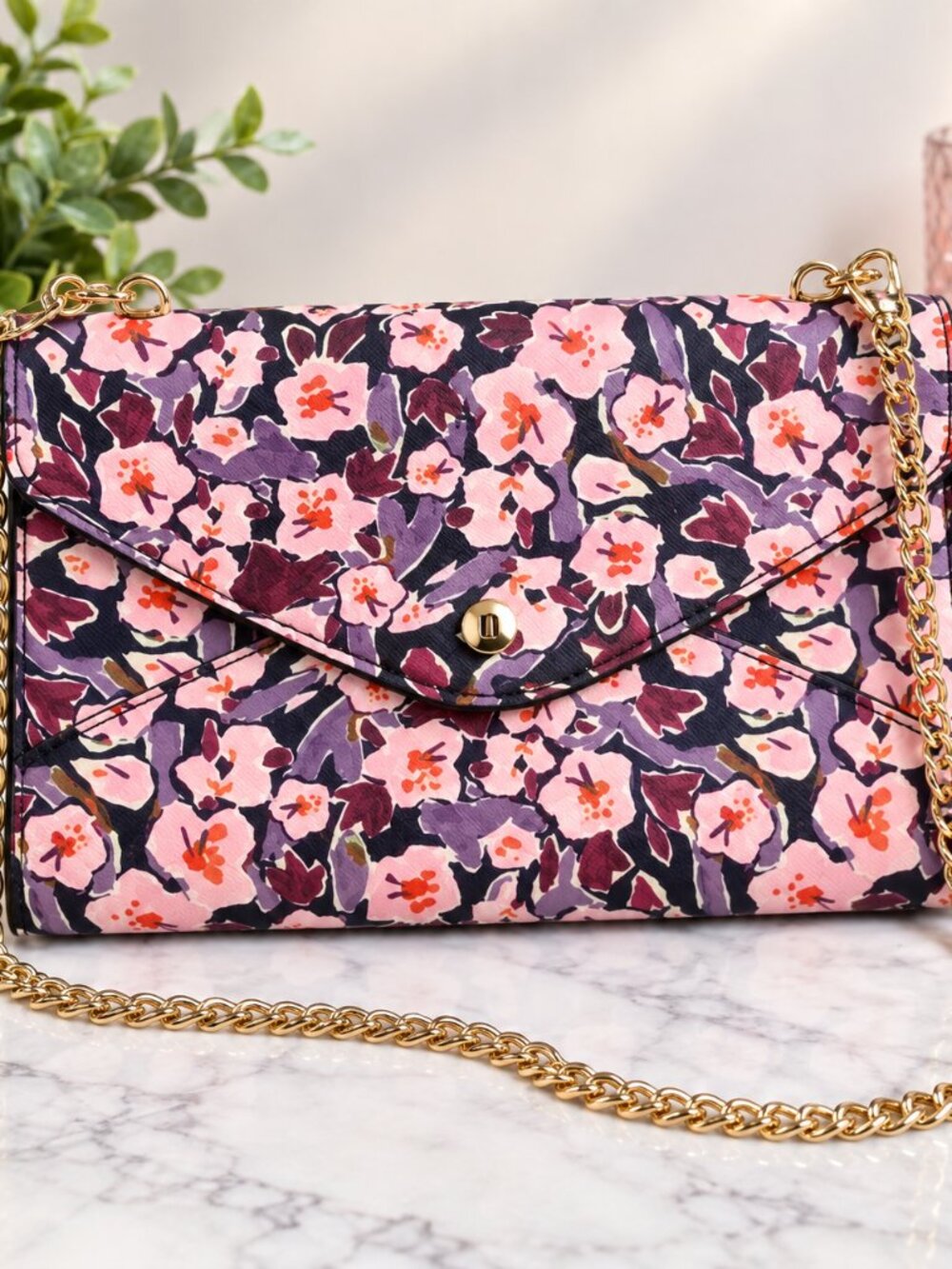 Nanette Lepore Floral Clutch Purse Pink Purple Gold Chain Envelope Crossbody